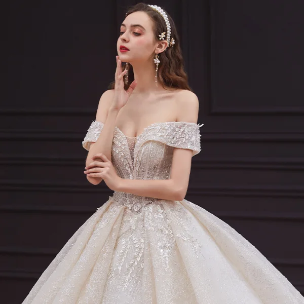 Elegant Champagne Bridal Wedding Dresses 2020 Ball Gown Off-The-Shoulder Short Sleeve Backless Appliques Lace Beading Sequins Glitter Tulle Cathedral Train Ruffle