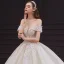 Elegant Champagne Bridal Wedding Dresses 2020 Ball Gown Off-The-Shoulder Short Sleeve Backless Appliques Lace Beading Sequins Glitter Tulle Cathedral Train Ruffle