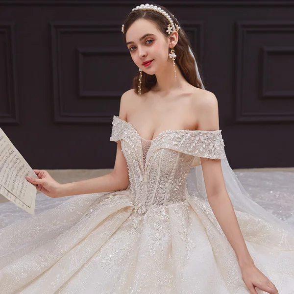 Elegant Champagne Bridal Wedding Dresses 2020 Ball Gown Off-The-Shoulder Short Sleeve Backless Appliques Lace Beading Sequins Glitter Tulle Cathedral Train Ruffle