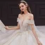 Elegant Champagne Bridal Wedding Dresses 2020 Ball Gown Off-The-Shoulder Short Sleeve Backless Appliques Lace Beading Sequins Glitter Tulle Cathedral Train Ruffle