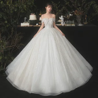 Sparkly Champagne Bridal Wedding Dresses 2020 Ball Gown Off The Shoulder Short Sleeve Backless Beading Sequins Glitter Tulle Floor Length Long Ruffle