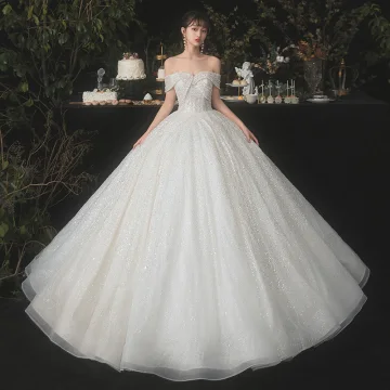 Sparkly Champagne Bridal Wedding Dresses 2020 Ball Gown Off The Shoulder Short Sleeve Backless Beading Sequins Glitter Tulle Floor Length Long Ruffle