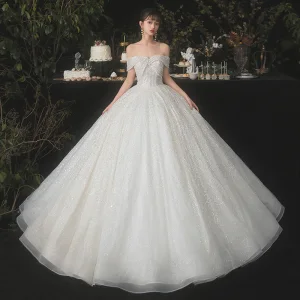 Brillante Champán Boda Vestidos De Novia 2020 Ball Gown Fuera Del Hombro Manga Corta Sin Espalda Rebordear Lentejuelas Glitter Tul Largos Ruffle