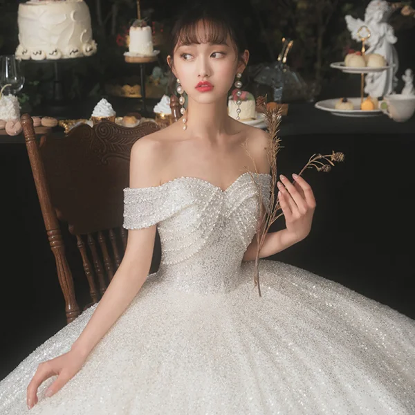 Sparkly Champagne Bridal Wedding Dresses 2020 Ball Gown Off-The-Shoulder Short Sleeve Backless Beading Sequins Glitter Tulle Floor-Length / Long Ruffle