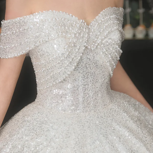 Sparkly Champagne Bridal Wedding Dresses 2020 Ball Gown Off-The-Shoulder Short Sleeve Backless Beading Sequins Glitter Tulle Floor-Length / Long Ruffle