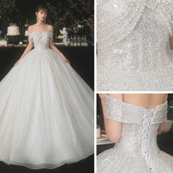 Sparkly Champagne Bridal Wedding Dresses 2020 Ball Gown Off-The-Shoulder Short Sleeve Backless Beading Sequins Glitter Tulle Floor-Length / Long Ruffle