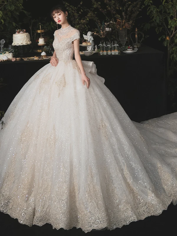 Luxury / Gorgeous Champagne Bridal Wedding Dresses 2020 Ball Gown See-through High Neck Short Sleeve Appliques Lace Beading Sequins Cathedral Train Ruffle