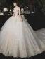 Luxury / Gorgeous Champagne Bridal Wedding Dresses 2020 Ball Gown See-through High Neck Short Sleeve Appliques Lace Beading Sequins Cathedral Train Ruffle