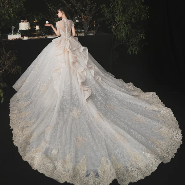 Luxury / Gorgeous Champagne Bridal Wedding Dresses 2020 Ball Gown See-through High Neck Short Sleeve Appliques Lace Beading Sequins Cathedral Train Ruffle