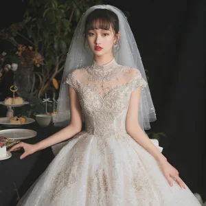 Luxury Gorgeous Champagne Bridal Wedding Dresses 2020 Ball Gown See Through High Neck Short Sleeve Appliques Lace Beading Sequins Cathedral Train Ruffle