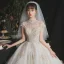 Luxury / Gorgeous Champagne Bridal Wedding Dresses 2020 Ball Gown See-through High Neck Short Sleeve Appliques Lace Beading Sequins Cathedral Train Ruffle