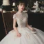 Luxury / Gorgeous Champagne Bridal Wedding Dresses 2020 Ball Gown See-through High Neck Short Sleeve Appliques Lace Beading Sequins Cathedral Train Ruffle