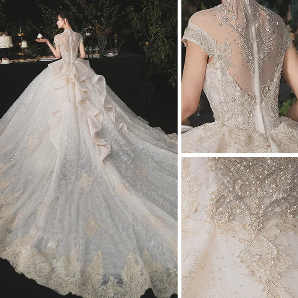 Luxury / Gorgeous Champagne Bridal Wedding Dresses 2020 Ball Gown See-through High Neck Short Sleeve Appliques Lace Beading Sequins Cathedral Train Ruffle