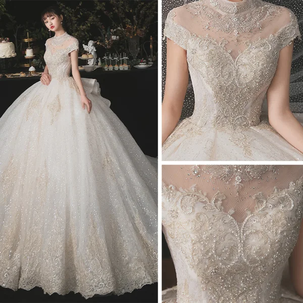 Luxury / Gorgeous Champagne Bridal Wedding Dresses 2020 Ball Gown See-through High Neck Short Sleeve Appliques Lace Beading Sequins Cathedral Train Ruffle