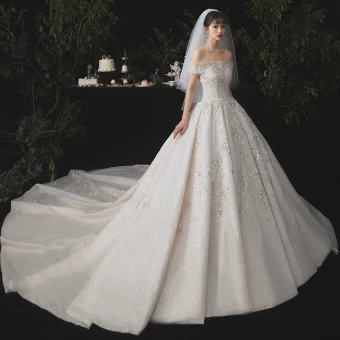 Luxury Gorgeous Champagne Wedding Dresses 2020 Ball Gown Off The Shoulder Detachable Long Sleeve Backless Appliques Lace Beading Sequins Glitter Tulle Cathedral Train Ruffle