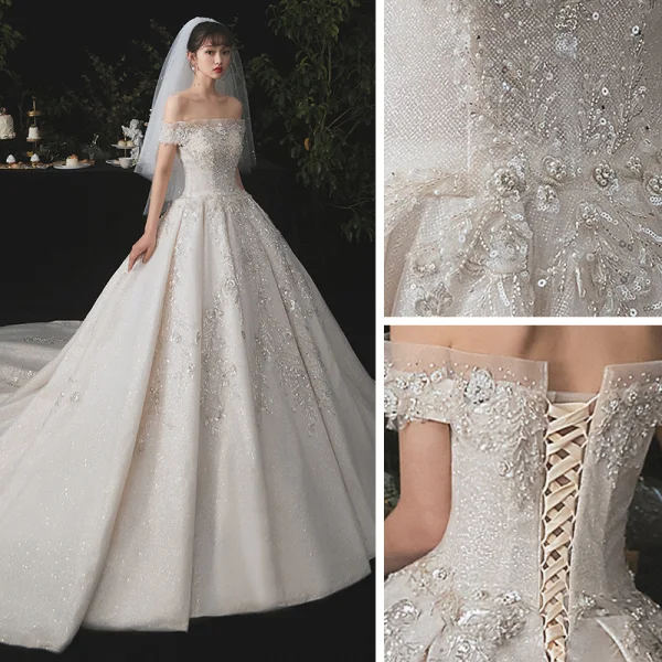 Luxus / Herrlich Champagner Brautkleider / Hochzeitskleider 2020 Ballkleid Off Shoulder Abnehmbar Lange Ärmel Rückenfreies Applikationen Spitze Perlenstickerei Pailletten Glanz Tülle Kathedrale Schleppe Rüschen