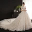 Vintage / Originale Style Victorien Champagne La Mariée Robe De Mariée 2020 Robe Boule Encolure Carrée Gonflée Manches Courtes Dos Nu Appliques Paillettes Glitter Tulle Cathedral Train