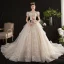 Vintage / Originale Style Victorien Champagne La Mariée Robe De Mariée 2020 Robe Boule Encolure Carrée Gonflée Manches Courtes Dos Nu Appliques Paillettes Glitter Tulle Cathedral Train