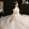 Vintage / Retro Victorian Style Champagne Bridal Wedding Dresses 2020 Ball Gown Square Neckline Puffy Short Sleeve Backless Appliques Sequins Glitter Tulle Cathedral Train Ruffle