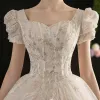 Vintage / Retro Victorian Style Champagne Bridal Wedding Dresses 2020 Ball Gown Square Neckline Puffy Short Sleeve Backless Appliques Sequins Glitter Tulle Cathedral Train Ruffle