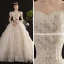 Vintage / Originale Style Victorien Champagne La Mariée Robe De Mariée 2020 Robe Boule Encolure Carrée Gonflée Manches Courtes Dos Nu Appliques Paillettes Glitter Tulle Cathedral Train