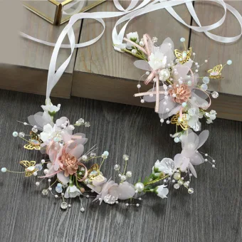 Flower Fairy Blushing Pink Headbands Bridal Hair Accessories 2020 Alloy Lace Up Flower Pearl Headpieces Wedding Accessories
