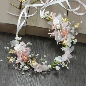 Blumenfee Rosa Stirnbänder Haarschmuck Braut 2020 Legierung Schnüren Blumen Perle Kopfschmuck Hochzeit Brautaccessoires