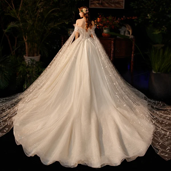 Romantic Champagne Bridal Wedding Dresses 2020 Ball Gown Off-The-Shoulder Short Sleeve Backless Appliques Lace Beading Sequins Glitter Tulle Chapel Train Ruffle