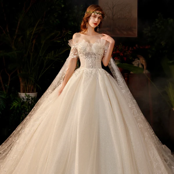 Romantic Champagne Bridal Wedding Dresses 2020 Ball Gown Off-The-Shoulder Short Sleeve Backless Appliques Lace Beading Sequins Glitter Tulle Chapel Train Ruffle