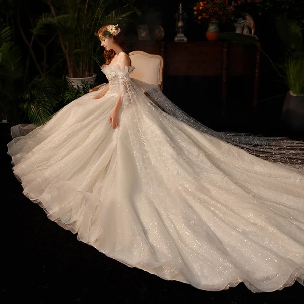 Romantic Champagne Bridal Wedding Dresses 2020 Ball Gown Off-The-Shoulder Short Sleeve Backless Appliques Lace Beading Sequins Glitter Tulle Chapel Train Ruffle