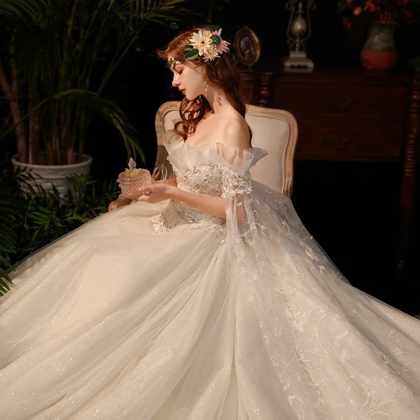 Romantic Champagne Bridal Wedding Dresses 2020 Ball Gown Off-The-Shoulder Short Sleeve Backless Appliques Lace Beading Sequins Glitter Tulle Chapel Train Ruffle