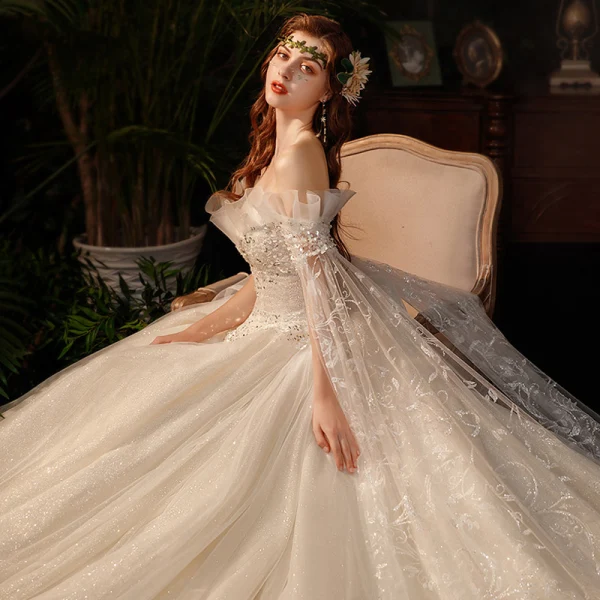 Romantic Champagne Bridal Wedding Dresses 2020 Ball Gown Off-The-Shoulder Short Sleeve Backless Appliques Lace Beading Sequins Glitter Tulle Chapel Train Ruffle