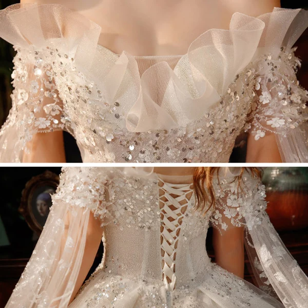 Romantic Champagne Bridal Wedding Dresses 2020 Ball Gown Off-The-Shoulder Short Sleeve Backless Appliques Lace Beading Sequins Glitter Tulle Chapel Train Ruffle