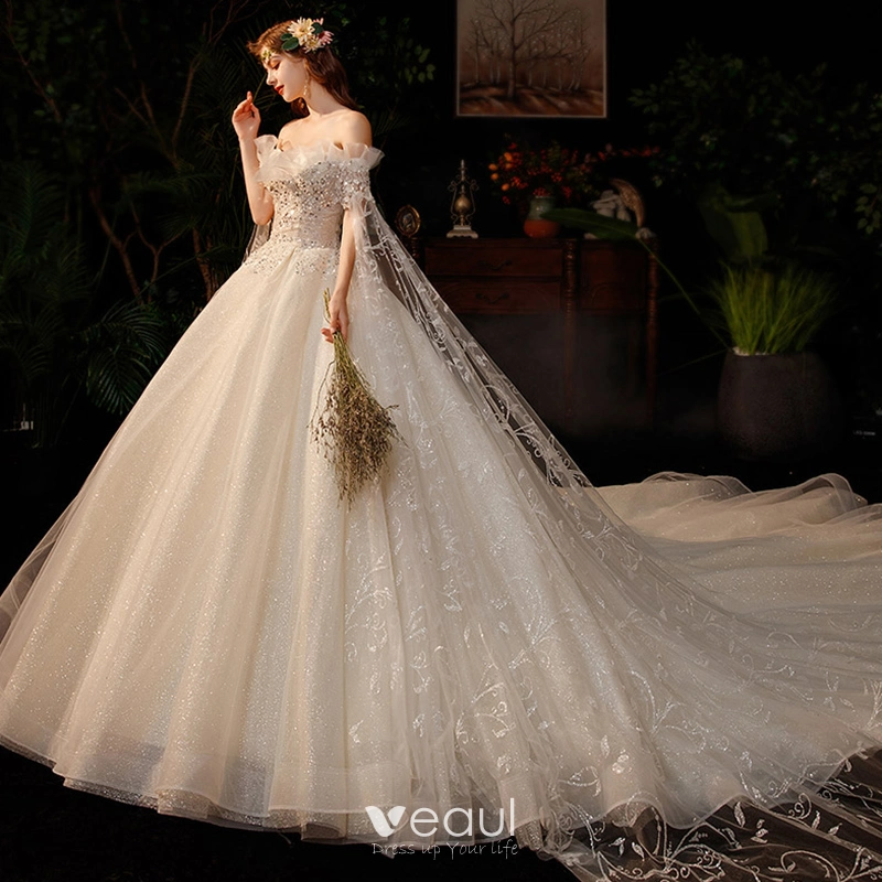 Champagne Gold Tulle Sequins Off The Shoulder Beading Wedding Dress with Train