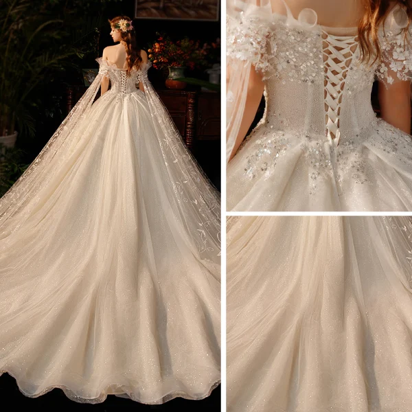 Romantic Champagne Bridal Wedding Dresses 2020 Ball Gown Off-The-Shoulder Short Sleeve Backless Appliques Lace Beading Sequins Glitter Tulle Chapel Train Ruffle