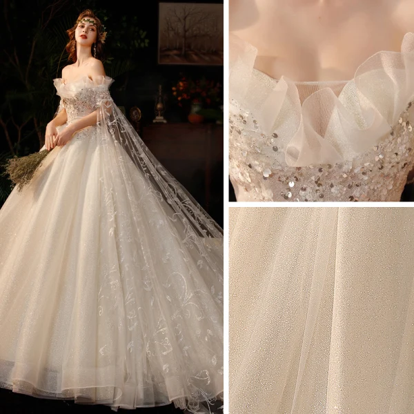 Romantic Champagne Bridal Wedding Dresses 2020 Ball Gown Off-The-Shoulder Short Sleeve Backless Appliques Lace Beading Sequins Glitter Tulle Chapel Train Ruffle