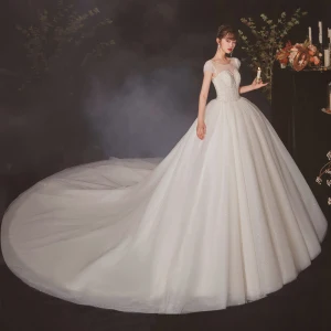 Haut De Gamme Champagne La Mariée Robe De Mariée 2020 Robe Boule Transparentes Encolure Dégagée Sans Manches Dos Nu Perlage Paillettes Glitter Tulle Cathedral Train Volants