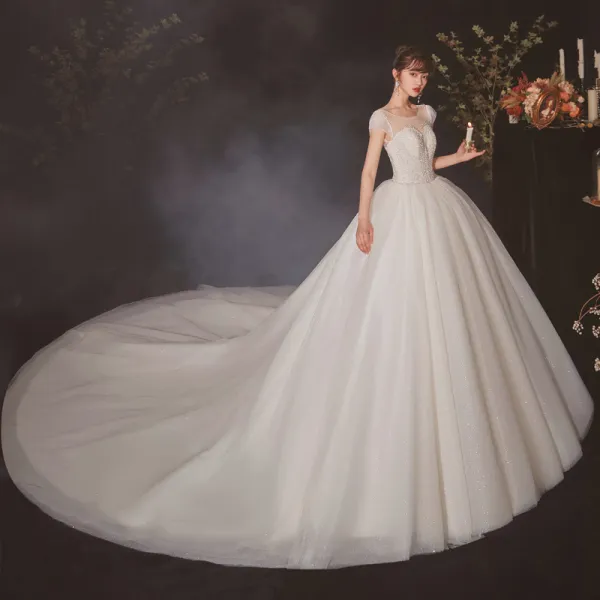 High-end Champagne Bridal Wedding Dresses 2020 Ball Gown See-through Scoop Neck Sleeveless Backless Beading Sequins Glitter Tulle Cathedral Train Ruffle