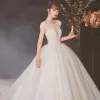 High-end Champagne Bridal Wedding Dresses 2020 Ball Gown See-through Scoop Neck Sleeveless Backless Beading Sequins Glitter Tulle Cathedral Train Ruffle