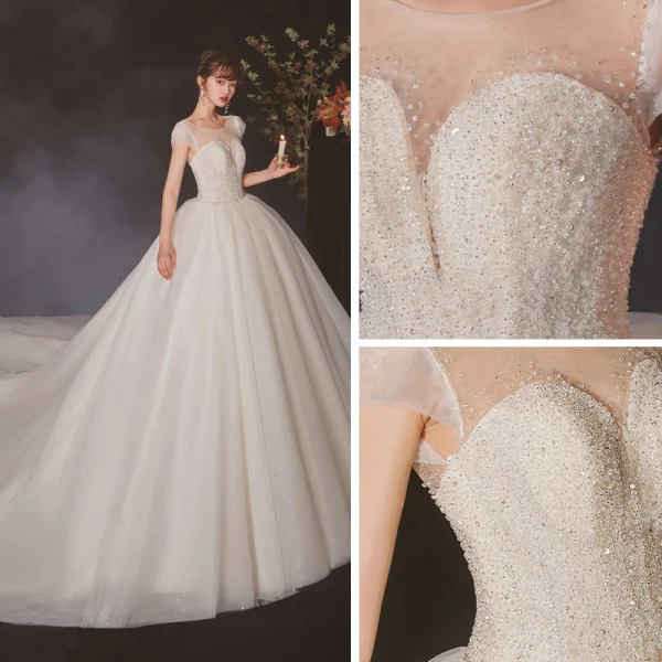 High-end Champagne Bridal Wedding Dresses 2020 Ball Gown See-through Scoop Neck Sleeveless Backless Beading Sequins Glitter Tulle Cathedral Train Ruffle