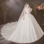 Vintage / Retro Ivory See-through Wedding Dresses 2020 Ball Gown High Neck Short Sleeve Appliques Lace Beading Pearl Cathedral Train Ruffle