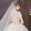 Vintage / Retro Ivory See-through Wedding Dresses 2020 Ball Gown High Neck Short Sleeve Appliques Lace Beading Pearl Cathedral Train Ruffle