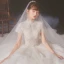 Vintage / Retro Ivory See-through Wedding Dresses 2020 Ball Gown High Neck Short Sleeve Appliques Lace Beading Pearl Cathedral Train Ruffle