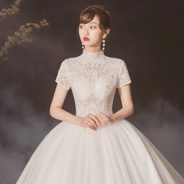 Vintage / Retro Ivory See-through Wedding Dresses 2020 Ball Gown High Neck Short Sleeve Appliques Lace Beading Pearl Cathedral Train Ruffle