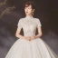 Vintage / Retro Ivory See-through Wedding Dresses 2020 Ball Gown High Neck Short Sleeve Appliques Lace Beading Pearl Cathedral Train Ruffle