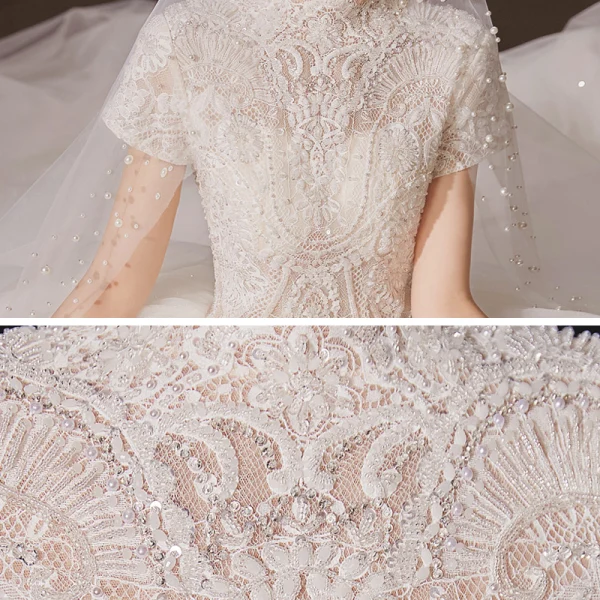 Vintage / Retro Ivory See-through Wedding Dresses 2020 Ball Gown High Neck Short Sleeve Appliques Lace Beading Pearl Cathedral Train Ruffle