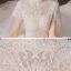 Vintage / Retro Ivory See-through Wedding Dresses 2020 Ball Gown High Neck Short Sleeve Appliques Lace Beading Pearl Cathedral Train Ruffle