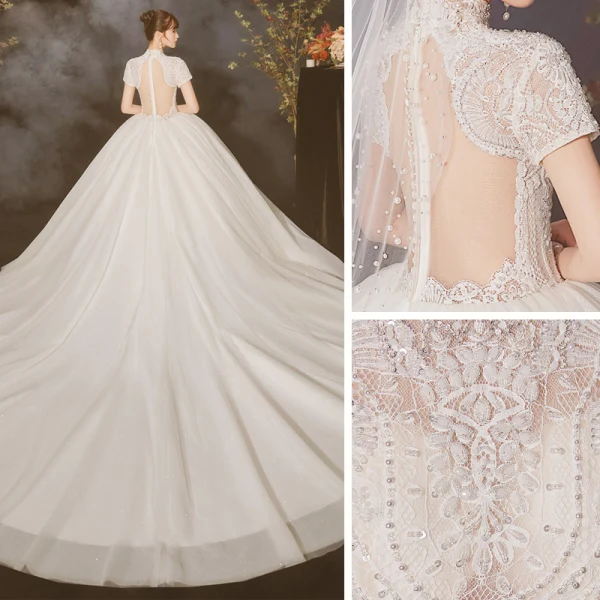 Vintage / Retro Ivory See-through Wedding Dresses 2020 Ball Gown High Neck Short Sleeve Appliques Lace Beading Pearl Cathedral Train Ruffle