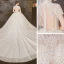 Vintage / Retro Ivory See-through Wedding Dresses 2020 Ball Gown High Neck Short Sleeve Appliques Lace Beading Pearl Cathedral Train Ruffle