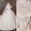 Vintage / Retro Ivory See-through Wedding Dresses 2020 Ball Gown High Neck Short Sleeve Appliques Lace Beading Pearl Cathedral Train Ruffle